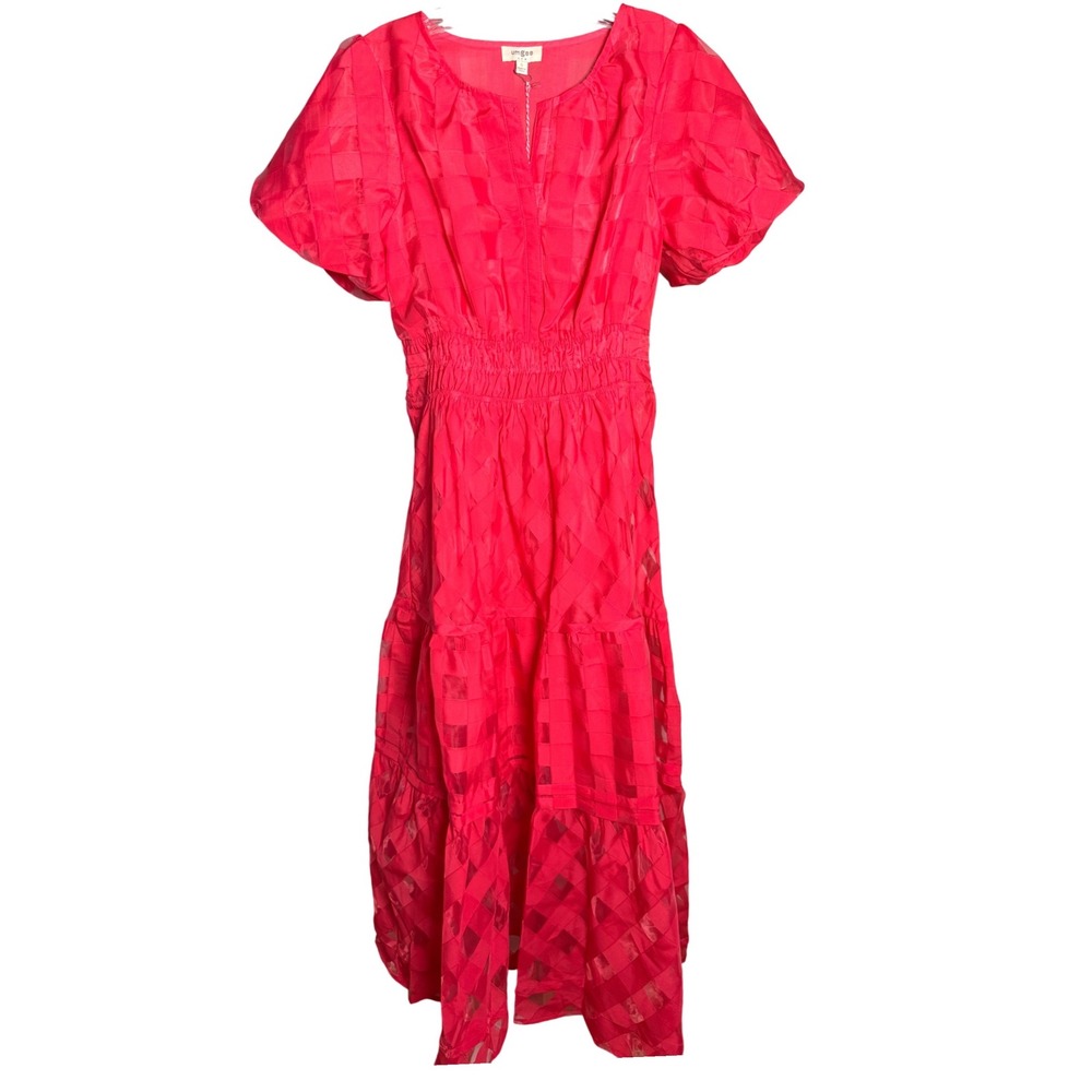 NWT Umgee Red Textured Tiered Midi Dress Women Size S Smocked Waist Cottagecore